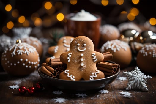 Christmas gingerbread cookies, holiday decorations and hot chocolate with cream in a mug on a Christmas background, close-up