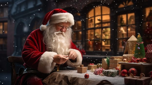 Santa lays out gift boxes on the table.final preparations on Christmas Eve.