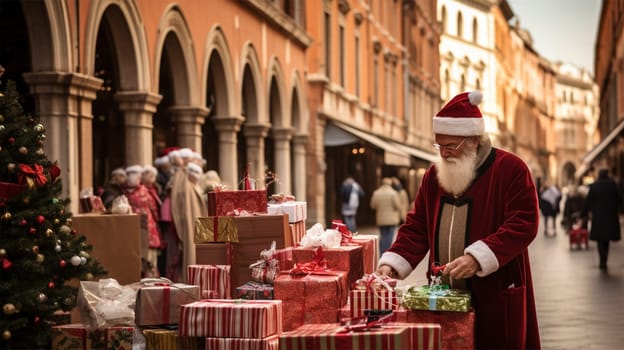 A salesman dressed as Santa lays out gift boxes on a counter at a Christmas market. Christmas and New Year holiday concept.