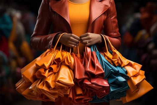 female artisan with small colorful leather handbags on the background of the store. shopping and holidays concept.art crafts