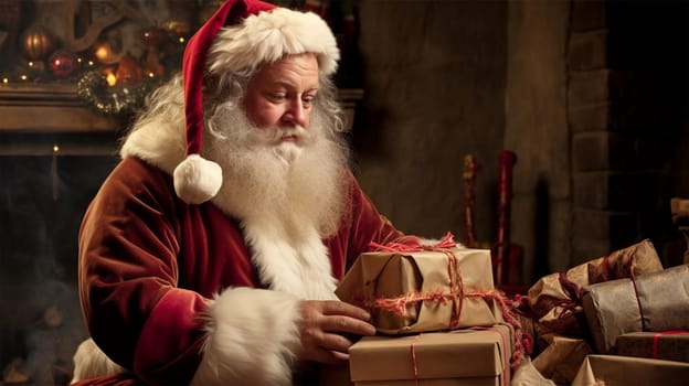 Santa lays out gift boxes on the table.final preparations on Christmas Eve.