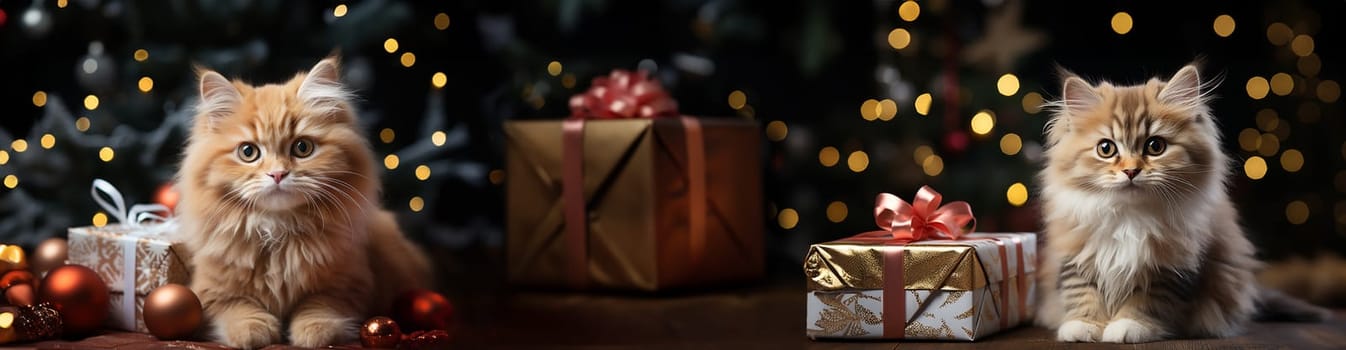 two cats with beautiful gift boxes on a Christmas background.Christmas and New Year concept.banner.
