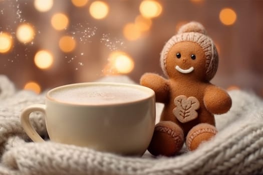 knitted gingerbread man near a cup of cappuccino on a Christmas background .