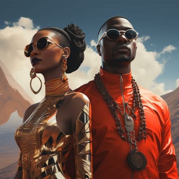 portrait of a young beautiful African woman in gold clothes, jewelry and headdress and a man in red clothes. ethnic concept. afrofuturism