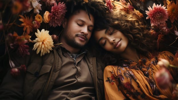 Happy young couple in warm clothes sits outdoors at autumn time and enjoying each other. .family and relationship concept