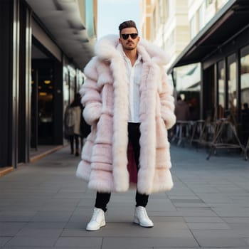 Street style clothing - fashionable man in a white elegant fur coat fashion on the street. for Fashion Concept, Animal Welfare and Faux Fur, Content Blogger