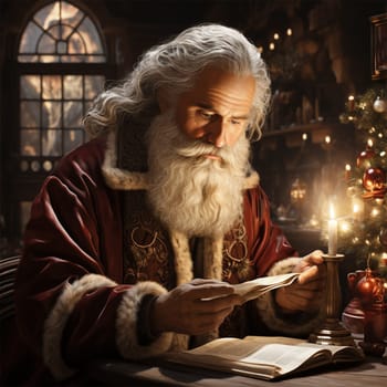 Santa Claus reads letters from children in his home at the table against the backdrop of Christmas background