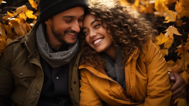 Happy young couple in warm clothes sits outdoors at autumn time and enjoying each other. .family and relationship concept