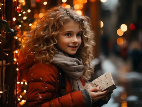 Joyful girl with a gift at the Christmas market.