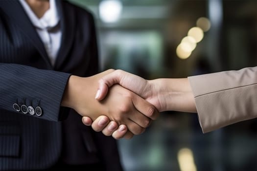 business handshake.Close-up of business people businessman and businesswoman making a deal low angle view of blurred business background