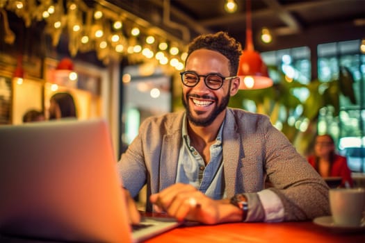 A young man works on a laptop using the Internet in a cafe and smiles.