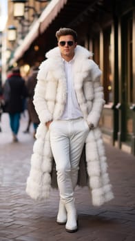 Street style clothing - fashionable man in a white elegant fur coat fashion on the street. for Fashion Concept, Animal Welfare and Faux Fur, Content Blogger