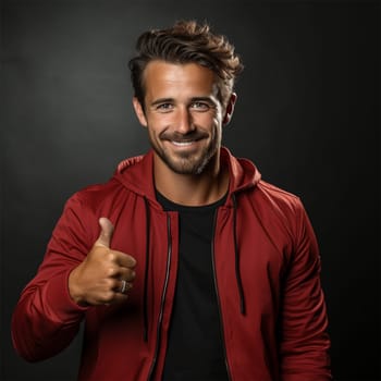 A young handsome man in a T-shirt and a red windbreaker shows OK and smiles while looking at the camera. A positive person.