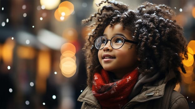 Cute curly African child at Christmas market looking up at Christmas tree or display case.