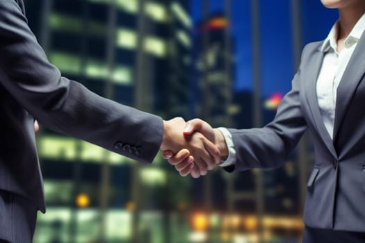business handshake.Close-up of business people businessman and businesswoman making a deal low angle view of blurred business background
