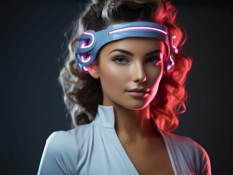 futuristic headphones with neon light on the head of a young woman. introduction of new technologies in areas.