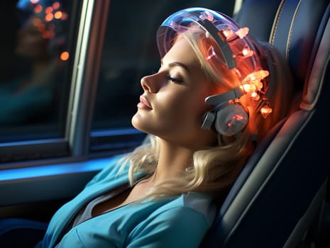 a young woman is walking in a chair wearing a futuristic device on her head with a neon glow. The concept of technology development in medicine and everyday life. introduction of artificial intelligence in cosmetology and medicine.