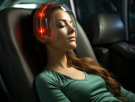 young woman in a futuristic helmet in glowing neon colors with electric sleep and headphones for long trips. technology development concept