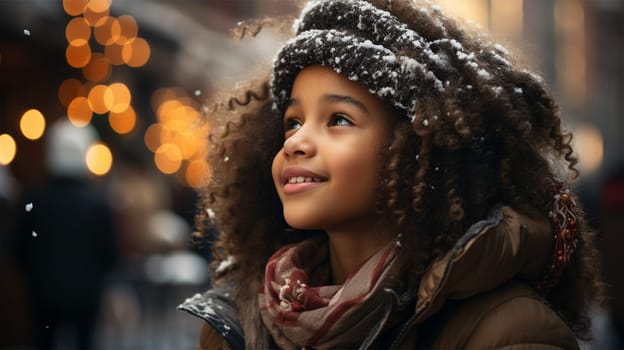 Cute curly African child at Christmas market looking up at Christmas tree or display case.