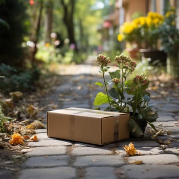 parcel on the sidewalk outside the house. Box on the street.