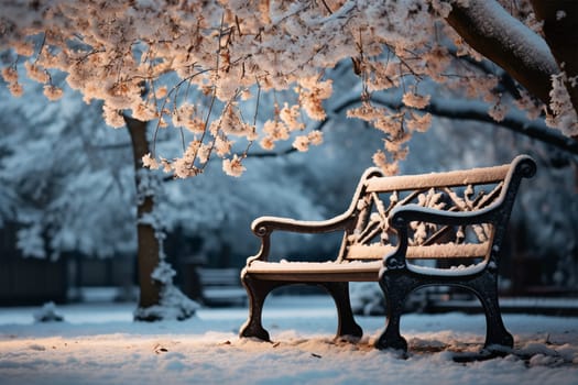 bench under blooming snow-covered trees.beautiful winter landscape.unexpected snow in the spring