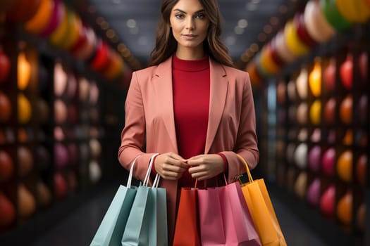 female shopper with colorful shopping bags. on the background of a shopping center. shopping and holidays concept