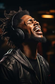 Beautiful man in a sound studio wearing headphones and a microphone sings and records a song with a professional microphone, portrait.Generative AI
