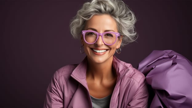 beautiful model 50-60 years old on a lilac background.