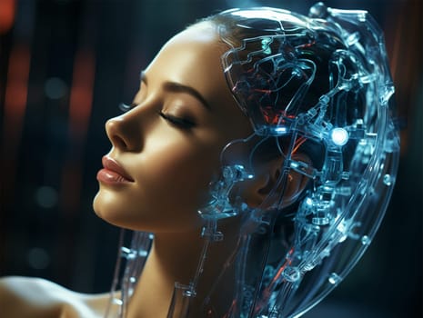 futuristic device with neon light on the face and around the head of a young woman. introduction of artificial intelligence in cosmetology and medicine.