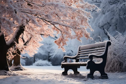 bench under blooming snow-covered trees.beautiful winter landscape.unexpected snow in the spring