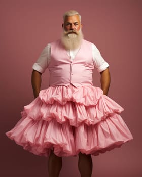 cheery bearded fat man in a pink ballerina tutu on a pink background.concept of individuality and difference.Generative AI