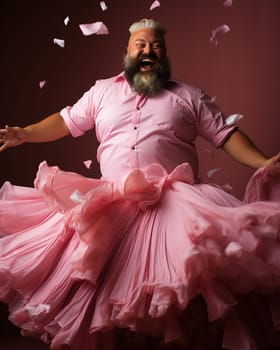cheery bearded fat man in a pink ballerina tutu on a pink background.concept of individuality and difference.Generative AI