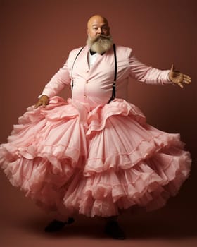 cheery bearded fat man in a pink ballerina tutu on a pink background.concept of individuality and difference.Generative AI
