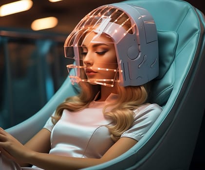 young woman in a futuristic virtual reality helmet with Internet access for long trips. technology development concept
