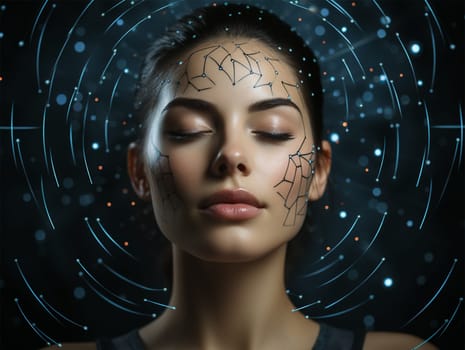 Neon lines on the face and around the head of a young woman. introduction of artificial intelligence in cosmetology and medicine.