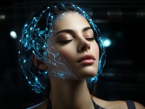 Neon lines on the face and around the head of a young woman. introduction of artificial intelligence in cosmetology and medicine.