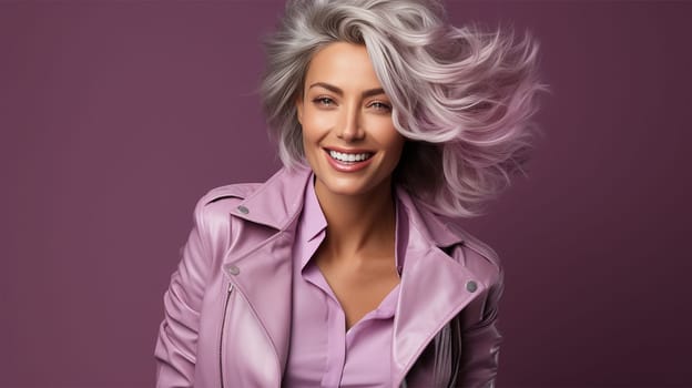 beautiful model 50-60 years old on a lilac background.