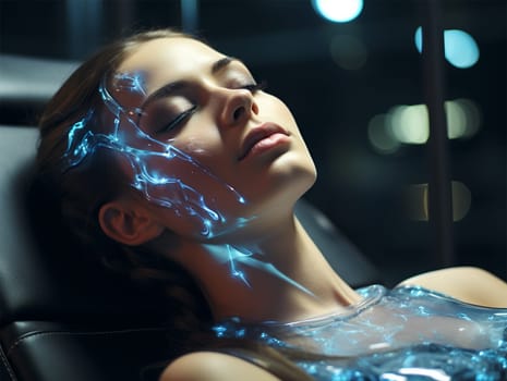 futuristic device with neon light on the face of a young woman. introduction of artificial intelligence in cosmetology and medicine.
