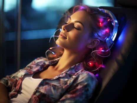 a young woman is walking in a chair wearing a futuristic device on her head with a neon glow. The concept of technology development in medicine and everyday life. introduction of artificial intelligence in cosmetology and medicine.
