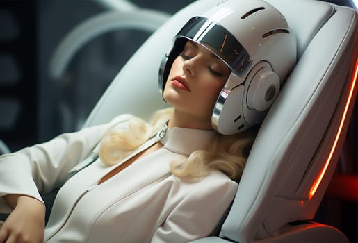 young woman in a futuristic virtual reality helmet with Internet access for long trips. technology development concept