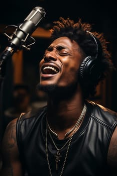 Beautiful man in a sound studio wearing headphones and a microphone sings and records a song with a professional microphone, portrait.Generative AI