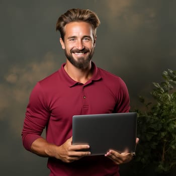 portrait of a young successful man in red clothes with a laptop .