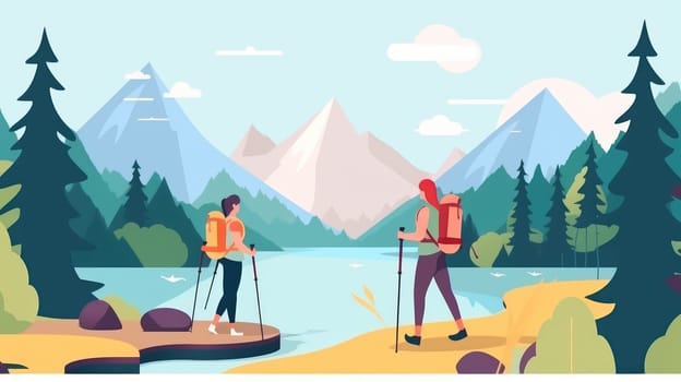 Women with tourist backpack and mountains abstract flat background. Generative AI design