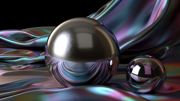 Holographic metallic liquid silk waves and spheres abstract background. Generative AI design