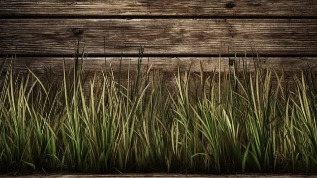 Green grass on wooden background. Generative AI design