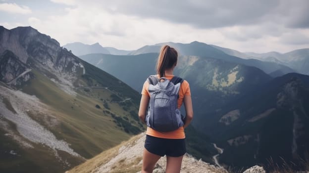 View of the girl from behind on the background of the mountain landscape. Generative AI design