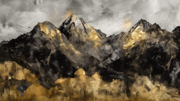 Grunge black golden watercolor mountains landscape. Generative AI technology