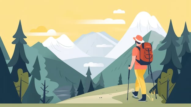 Man with tourist backpack and mountains abstract flat background. Generative AI design