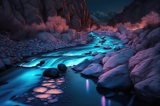 Landscape with glowing river. Generative AI design