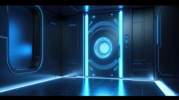 Futuristic interior with hallway and door. Generative AI design